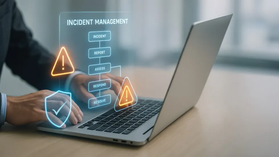 Business laptop displaying an incident management workflow for assessing and resolving technology issues
