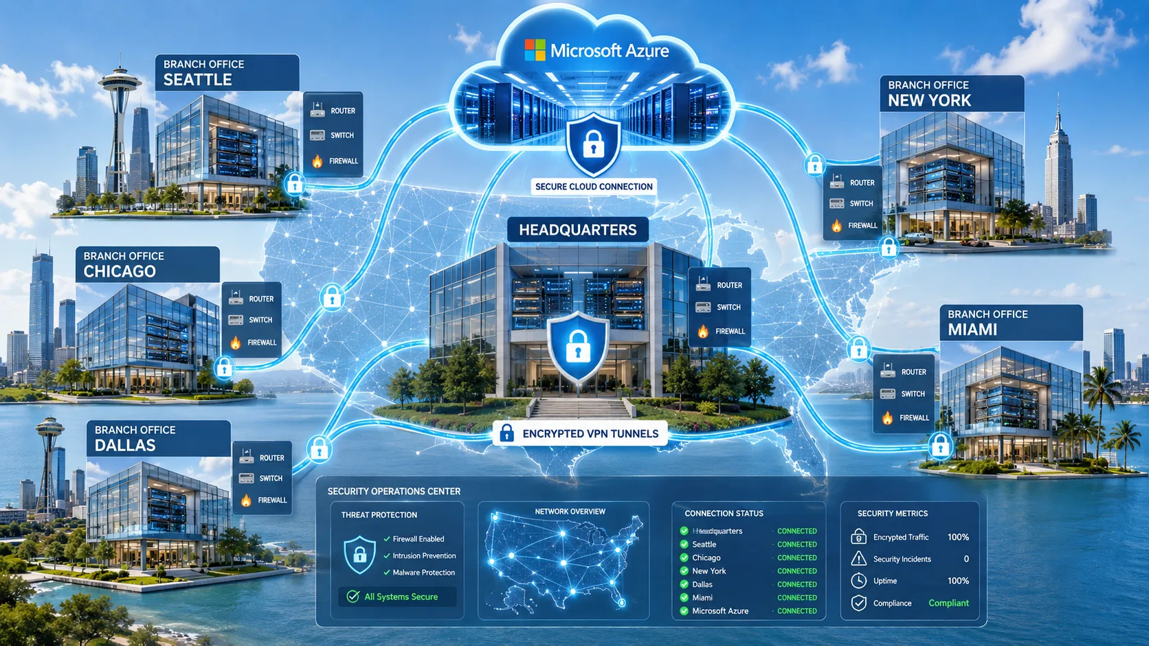 Secure cloud connectivity between headquarters, branch offices, and Microsoft Azure
