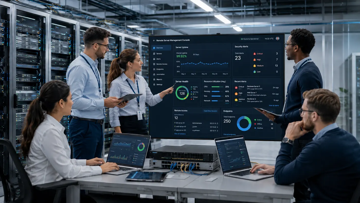 IT professionals reviewing network monitoring and server management systems