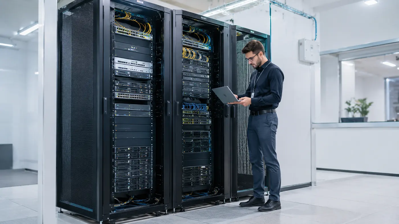 IT professional reviewing server racks and network infrastructure