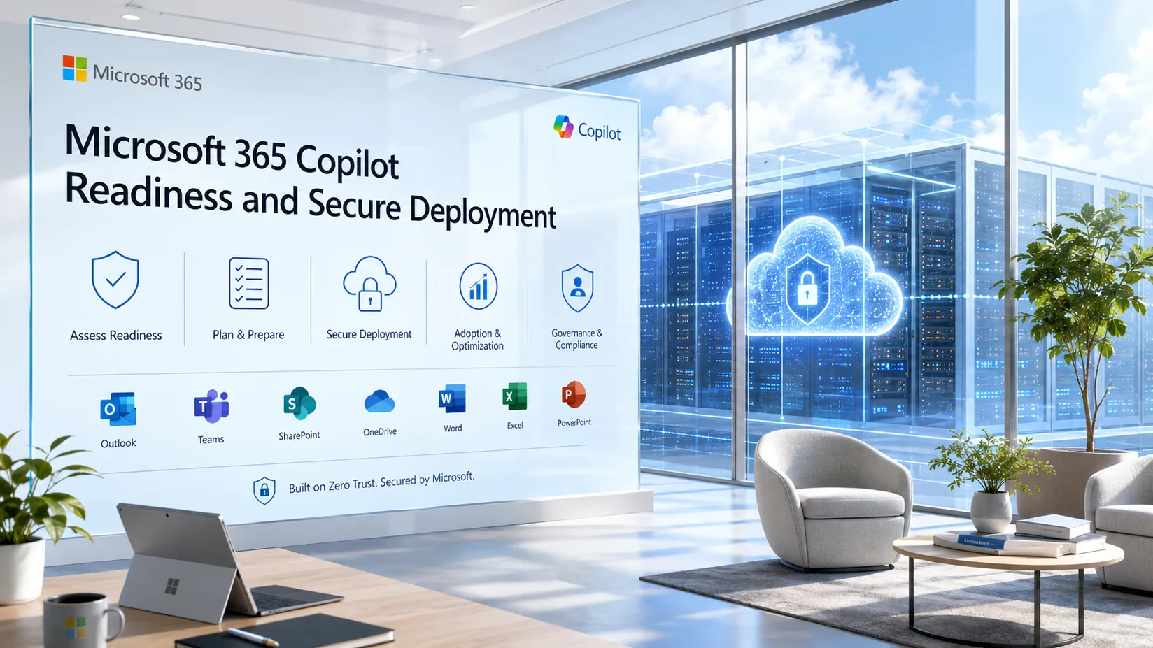 Microsoft 365 Copilot readiness and secure deployment visual showing readiness planning, secure cloud deployment, governance, and Microsoft 365 applications
