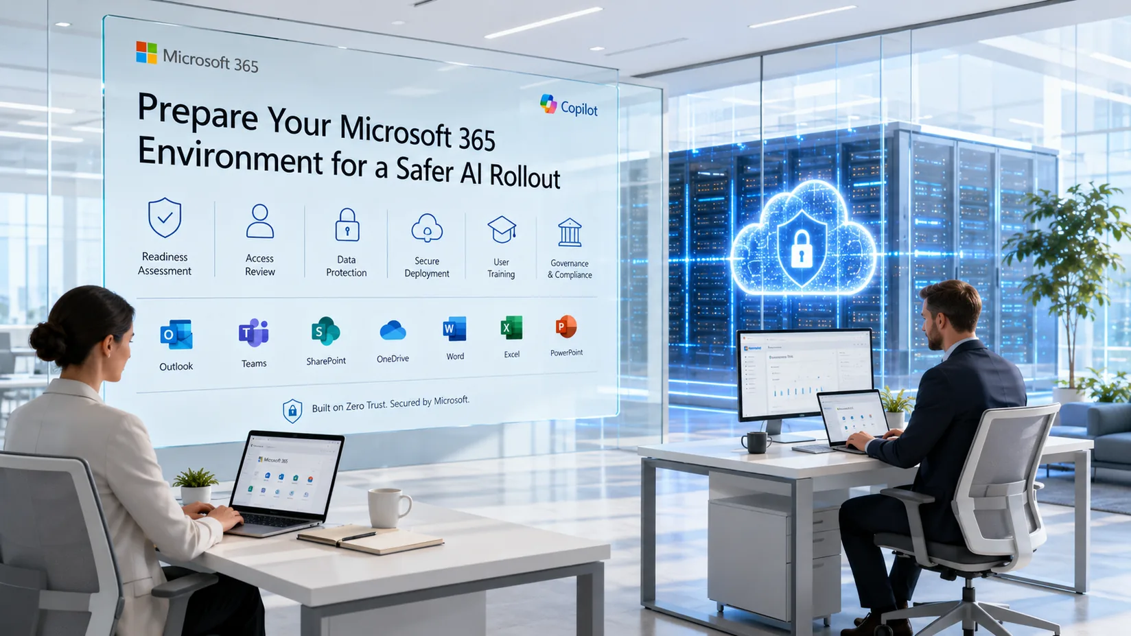 Prepare your Microsoft 365 environment for a safer AI rollout visual showing readiness assessment, access review, data protection, secure deployment, user training, and governance