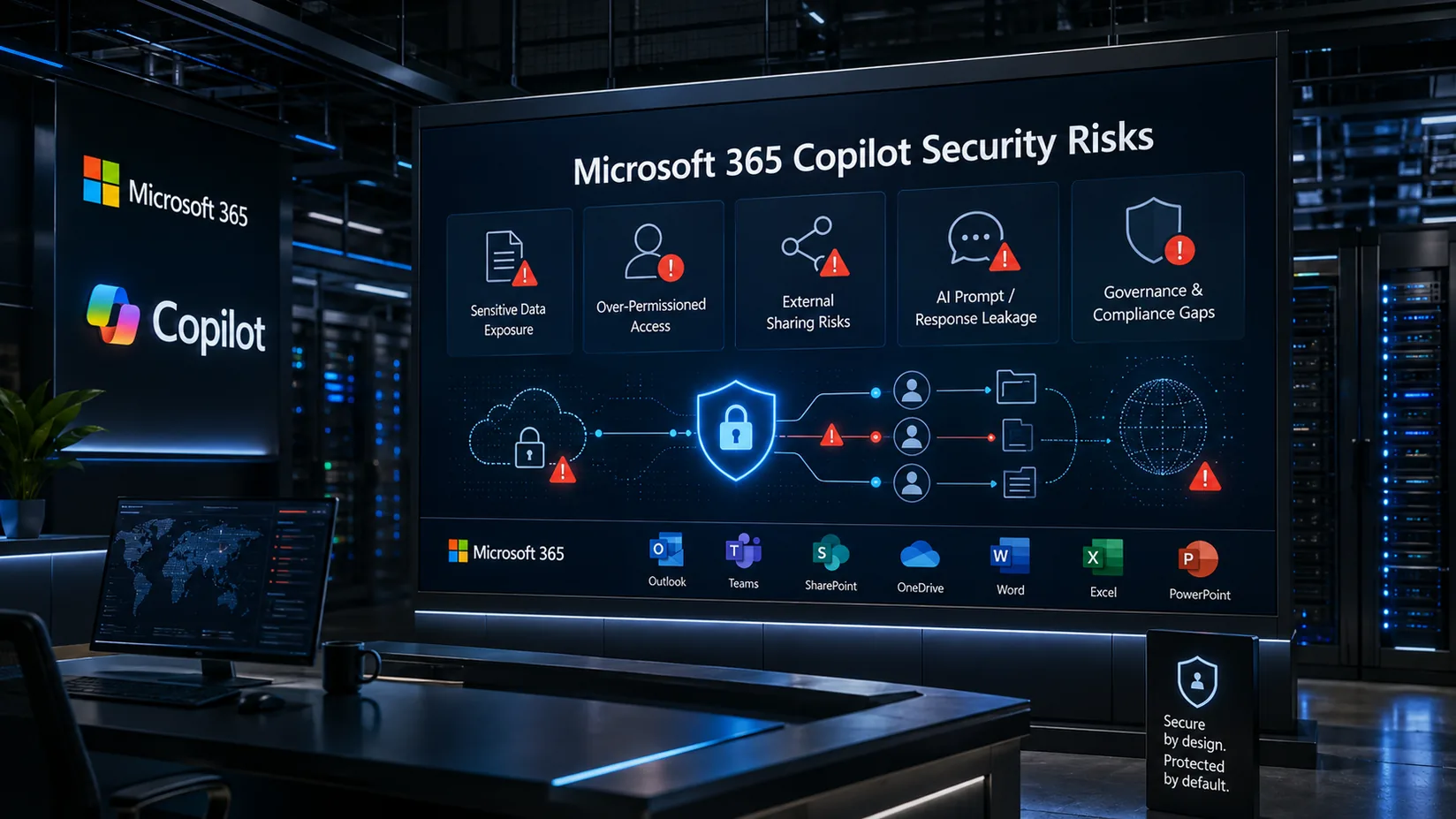 Microsoft 365 Copilot security risks visual showing sensitive data exposure, over-permissioned access, external sharing risks, prompt and response leakage, and governance gaps