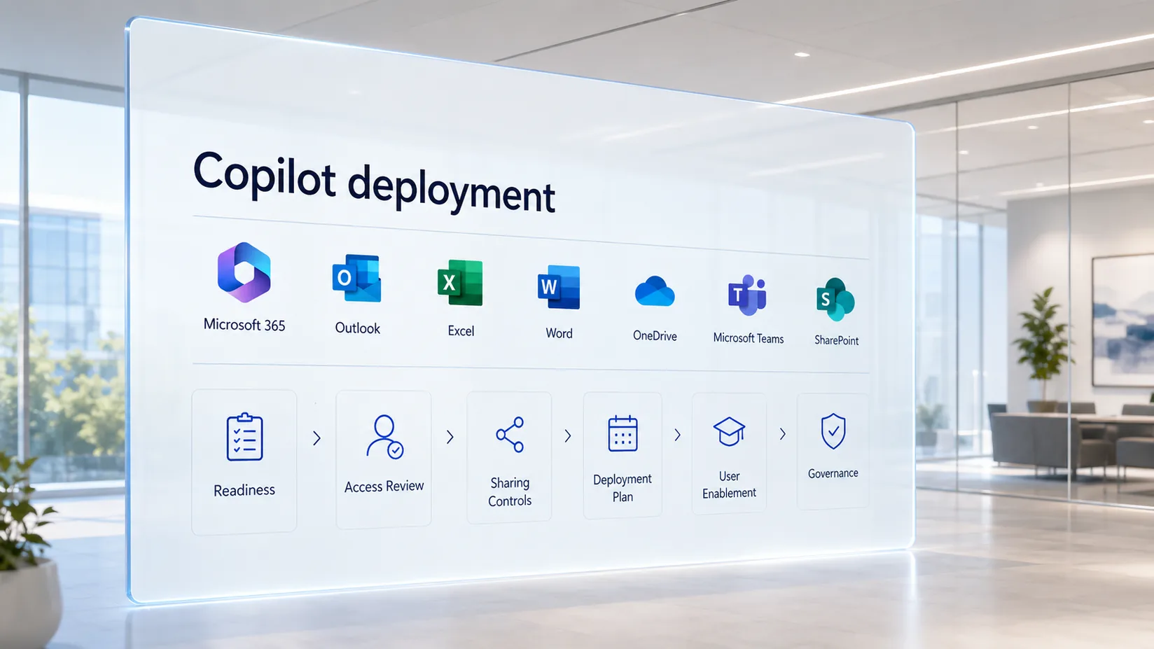 Copilot deployment visual showing Microsoft 365 applications and a sequence from readiness and access review through sharing controls, deployment planning, user enablement, and governance