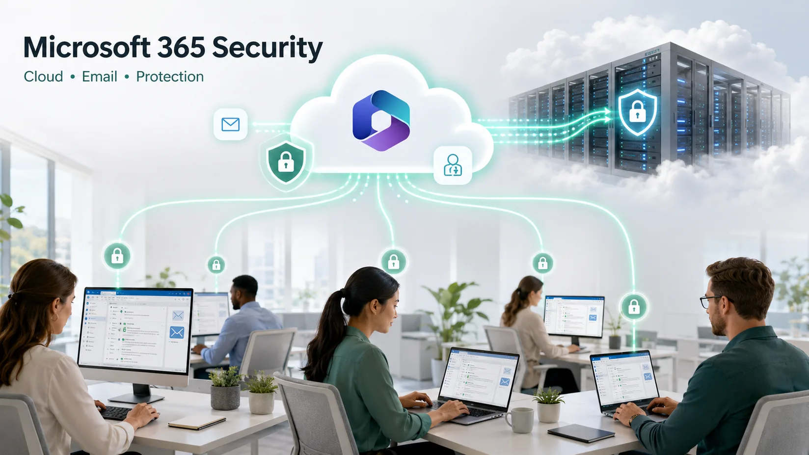 Microsoft 365 security visual showing cloud, email, protection, secure data connections, and business users