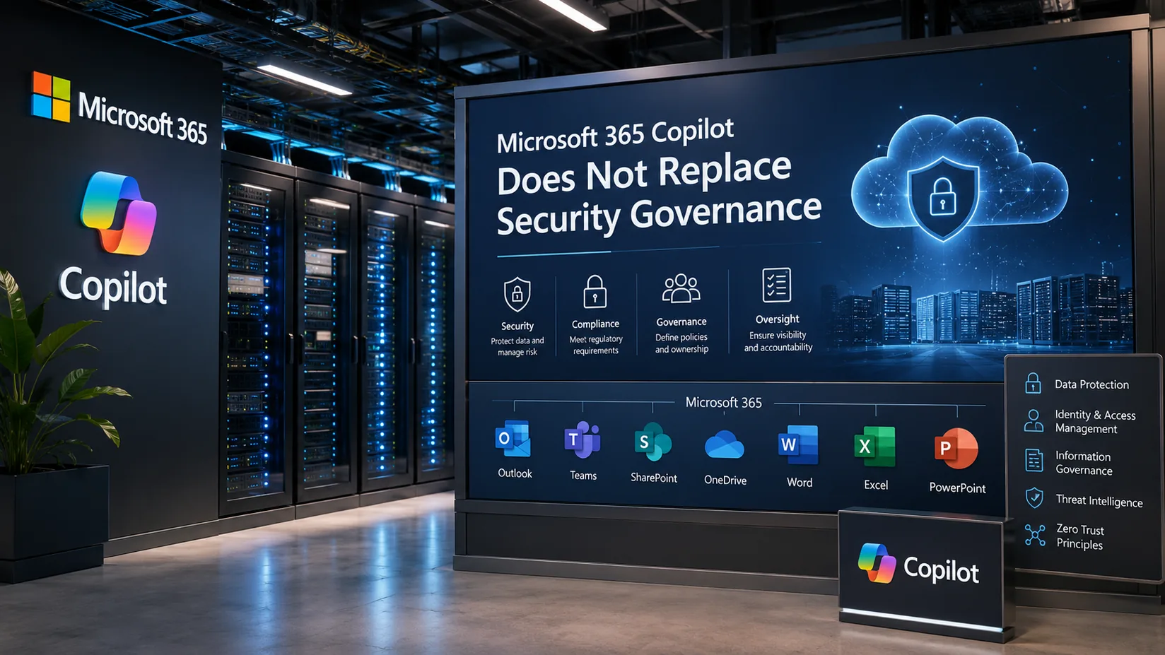 Microsoft 365 Copilot security governance visual showing data protection, identity and access management, governance, oversight, applications, and zero trust principles