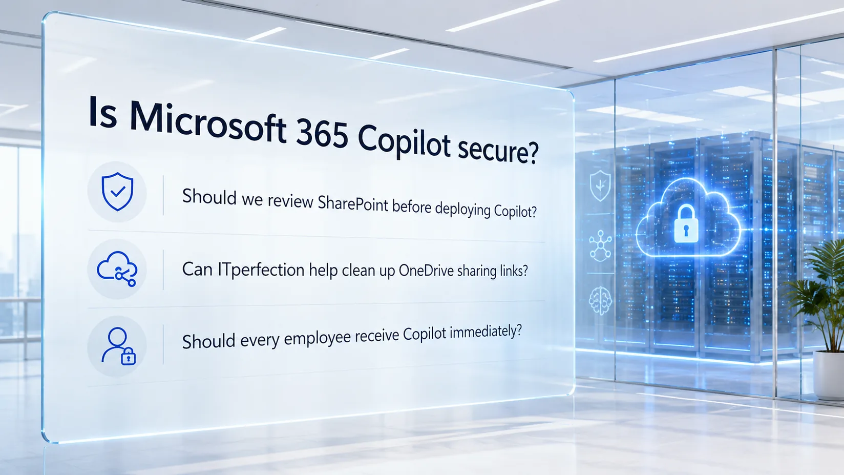 Microsoft 365 Copilot FAQ visual showing secure cloud services and questions about SharePoint review, OneDrive sharing-link cleanup, and phased employee deployment