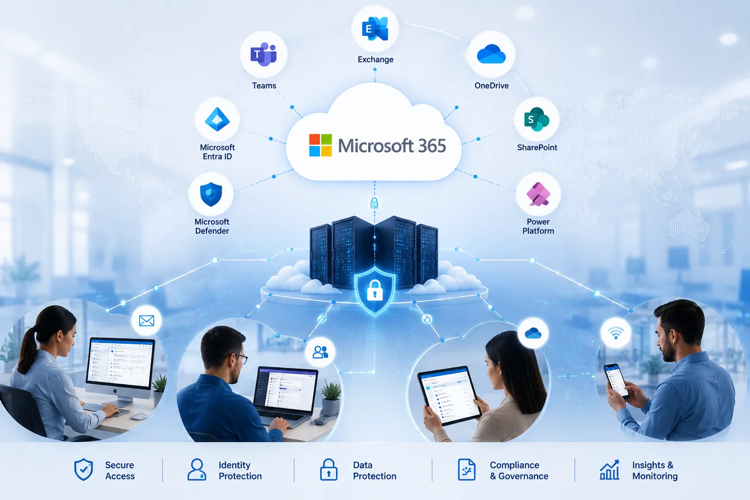 Microsoft 365 managed services overview showing Exchange, OneDrive, SharePoint, Teams, Entra ID, Defender, cloud services, and business users