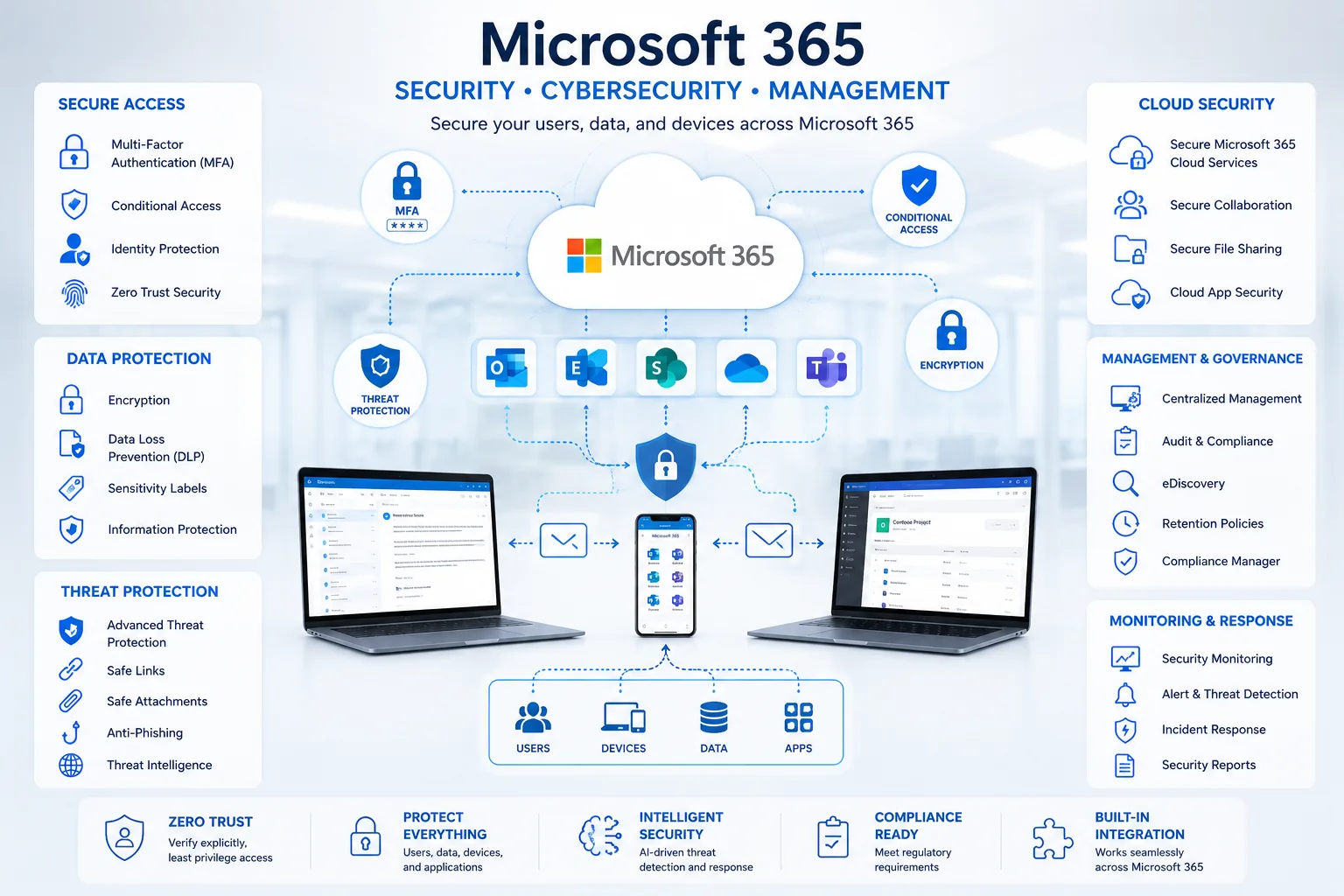 Microsoft 365 security and management diagram showing MFA, Conditional Access, encryption, Outlook, Exchange, SharePoint, OneDrive, Teams, devices, users, and data