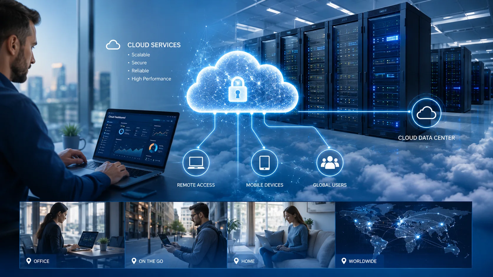 Secure cloud services diagram showing remote access, mobile devices, global users, cloud data center, office, home, and worldwide access