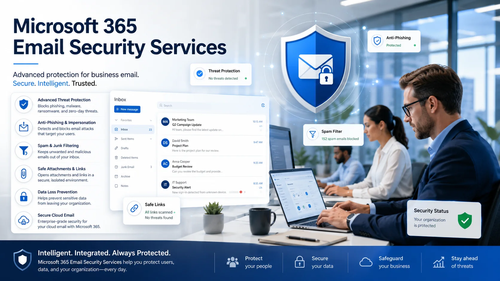 Microsoft 365 email security services overview showing anti-phishing, spam filtering, safe links, safe attachments, data loss prevention, and secure cloud email