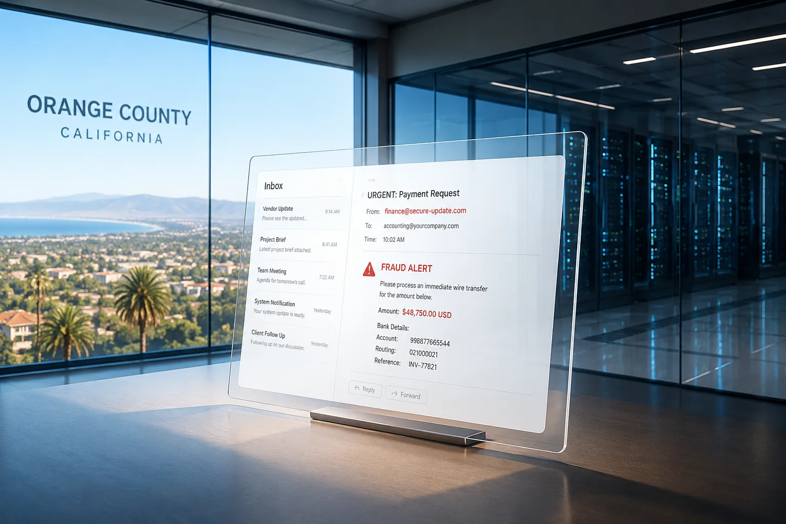 Orange County California business email fraud alert example showing a suspicious payment request and wire transfer warning