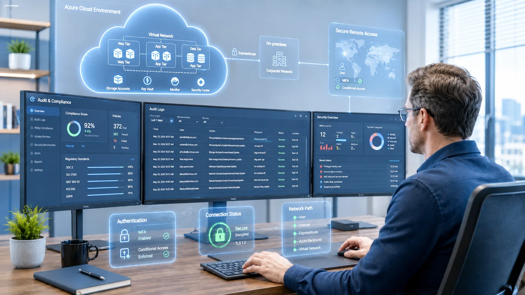 Azure cloud environment management dashboard showing monitoring, identity authentication, Conditional Access, secure remote access, logs, and security visibility