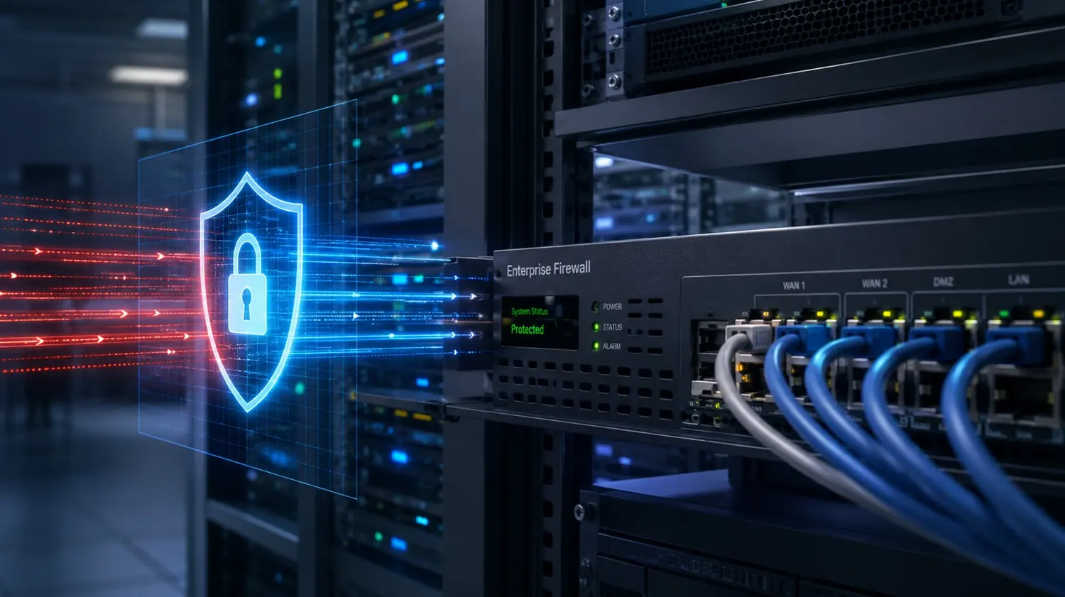Enterprise firewall protecting network traffic in a server rack