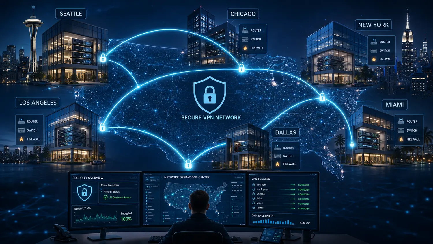 Secure VPN network connecting distributed branch offices across the United States
