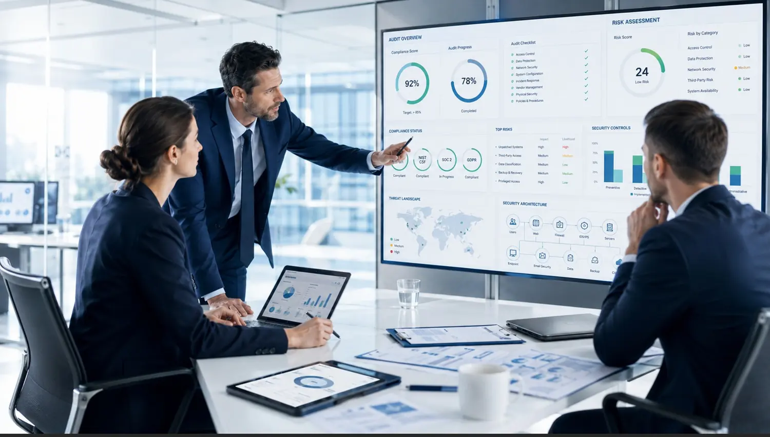 Cybersecurity risk assessment meeting reviewing compliance score, audit progress, and security controls