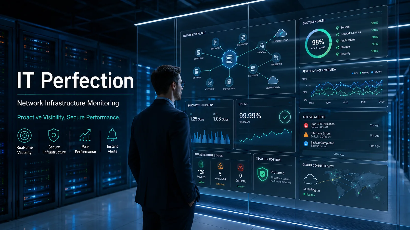 ITperfection network infrastructure monitoring dashboard with network topology, health score, bandwidth utilization, uptime, alerts, and cloud connectivity
