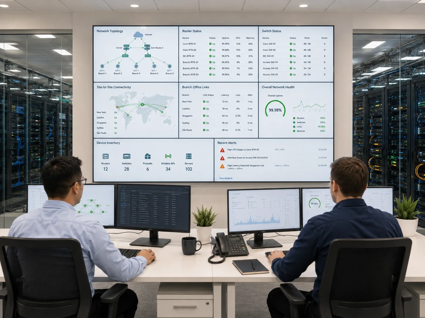 IT operations specialists monitoring network topology, router status, switch status, branch links and IT infrastructure health