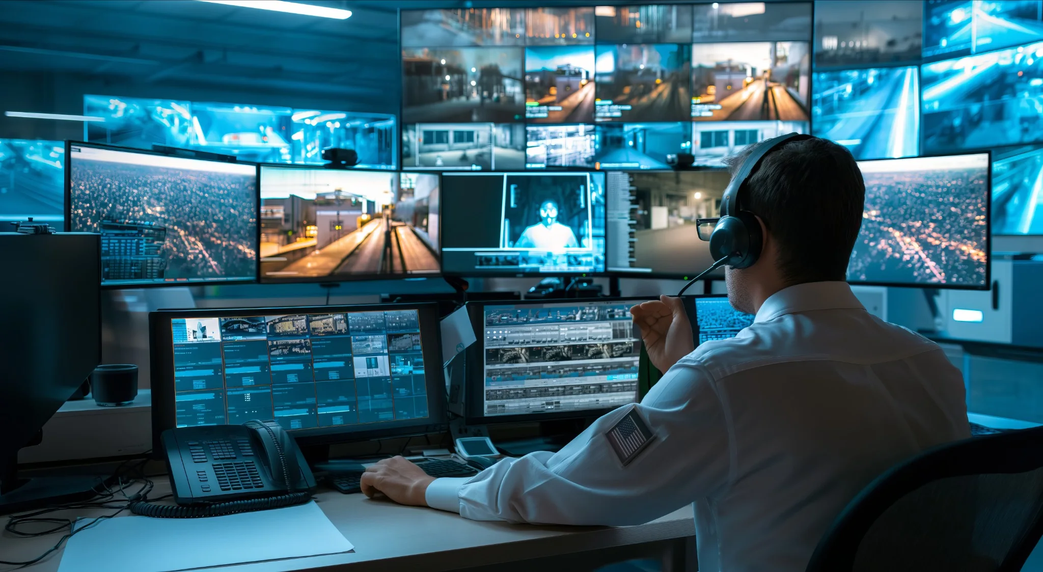 IT support specialist monitoring multiple screens in a network operations center