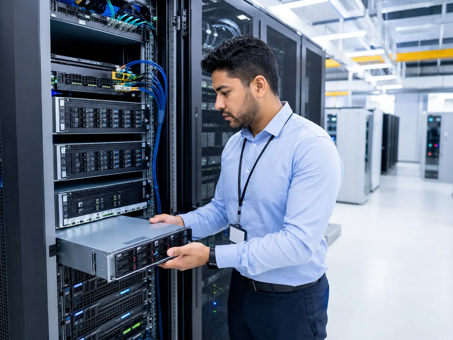 Server technician installing and managing business server hardware in a data center