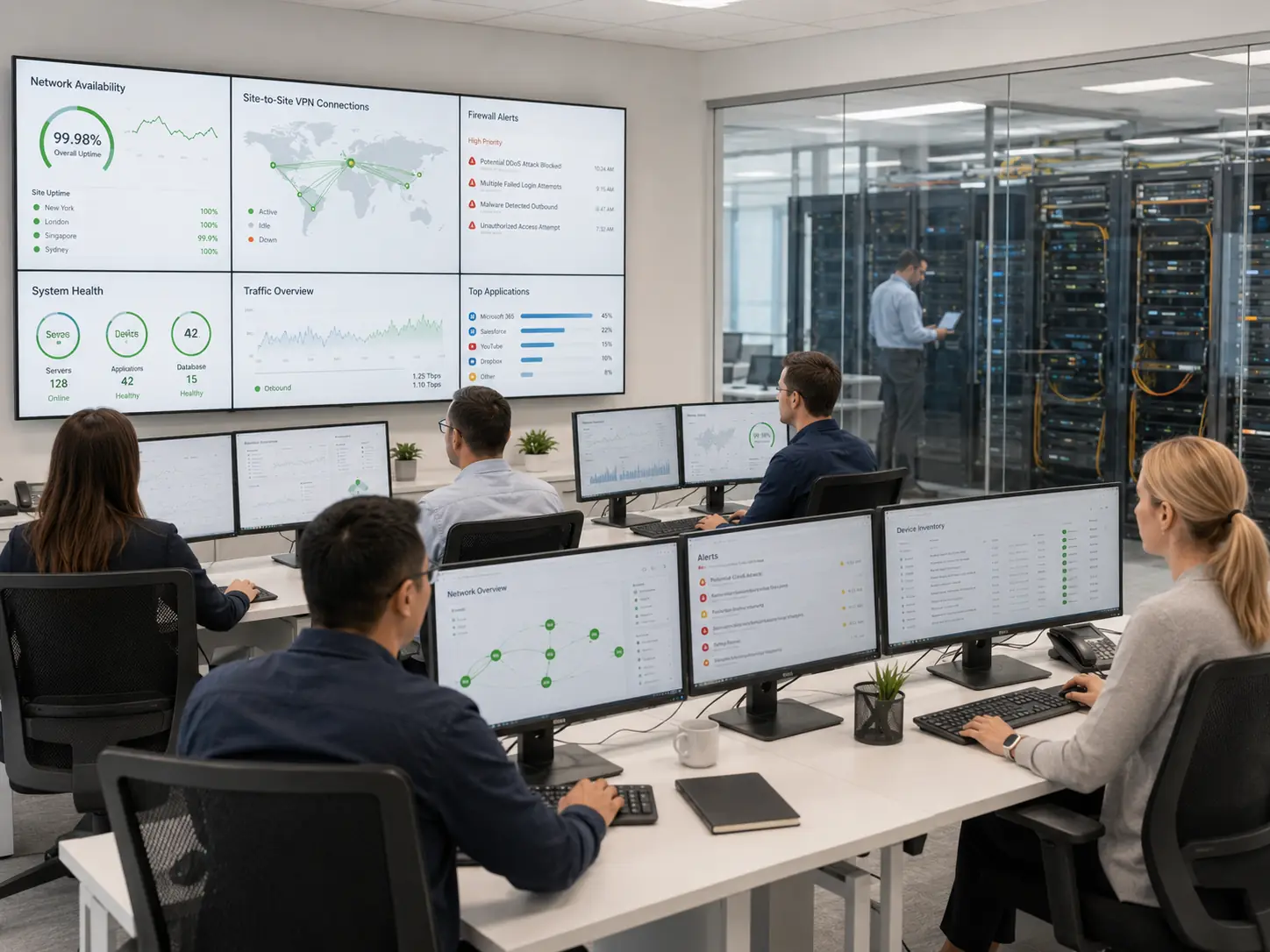 IT operations team monitoring network availability, server health, VPN connections, traffic, and alerts