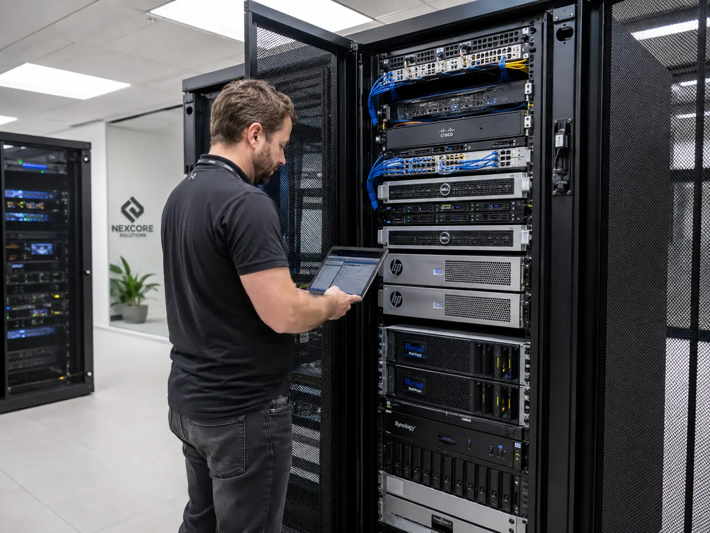 Server administrator reviewing physical server, network switch, storage, and virtualization infrastructure