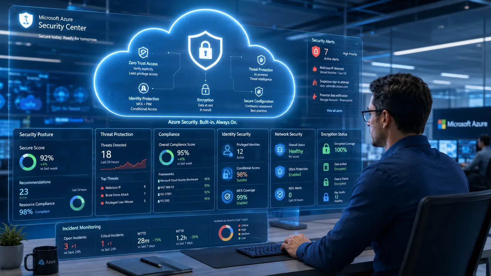 Microsoft Azure security dashboard showing identity protection, threat protection, secure configuration, network security, and encryption monitoring