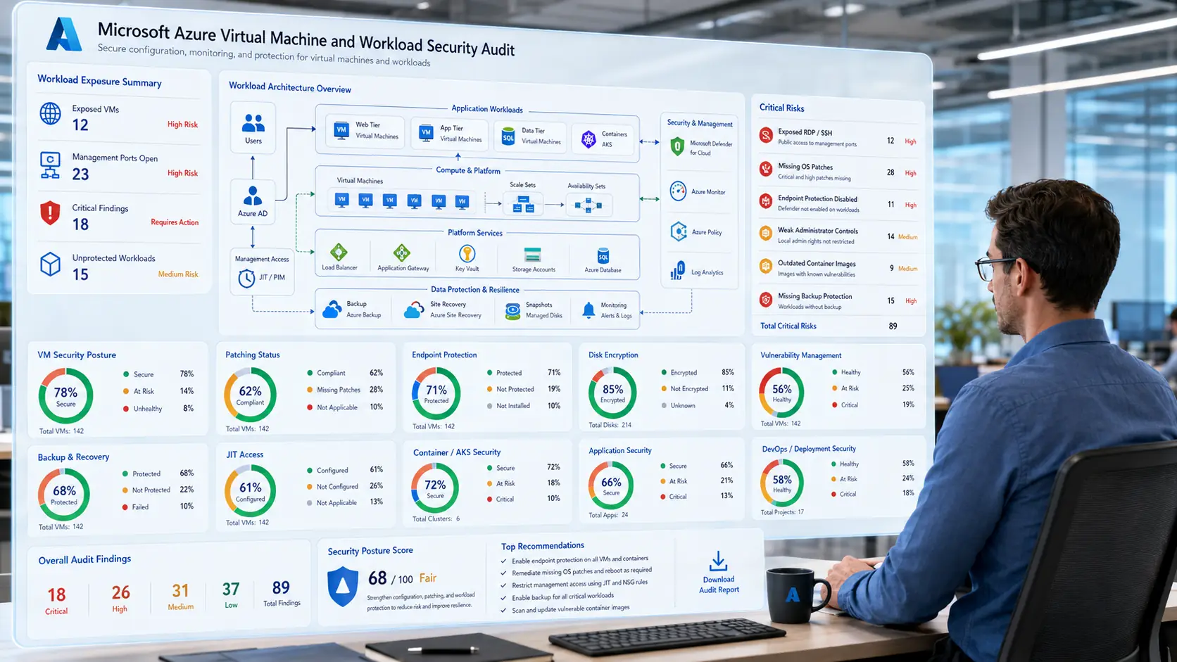 Microsoft Azure virtual machine and workload security audit dashboard with backup, patching, endpoint protection, encryption, and vulnerability status