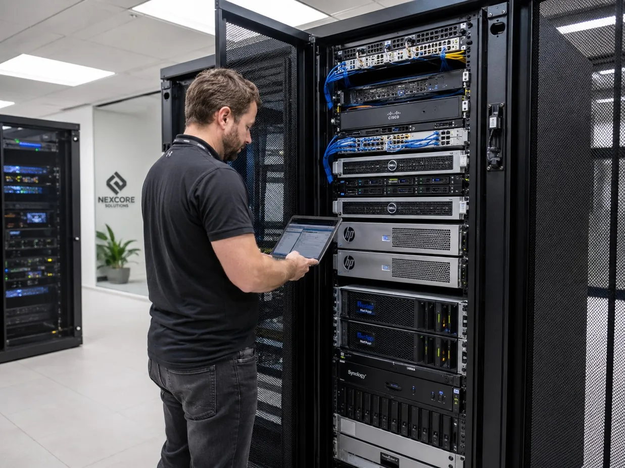 IT technician reviewing server monitoring and device health