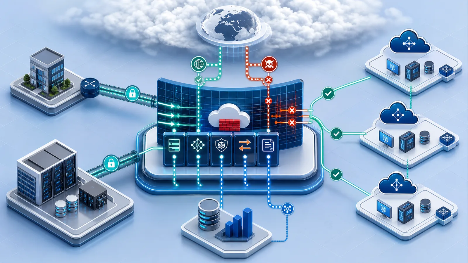 Azure Firewall security architecture inspecting hybrid cloud and branch traffic