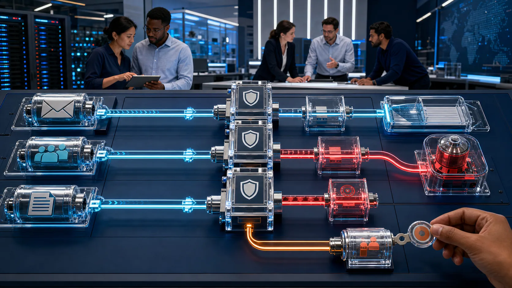 Security professionals reviewing a physical multichannel Safe Links model for email rewriting and Teams and Office time-of-click protection