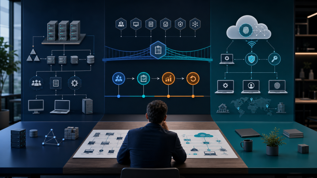 Endpoint architect comparing Microsoft Entra joined and hybrid joined device architectures, dependencies, pilot migration, validation, and rollback