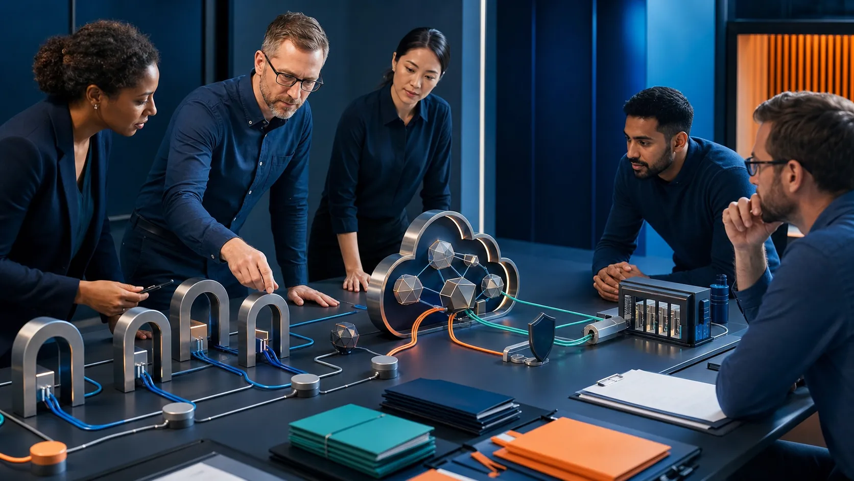 IT administrators reviewing a physical model of Exchange Online accepted domains, authoritative routing, internal relay, connectors, and evidence controls
