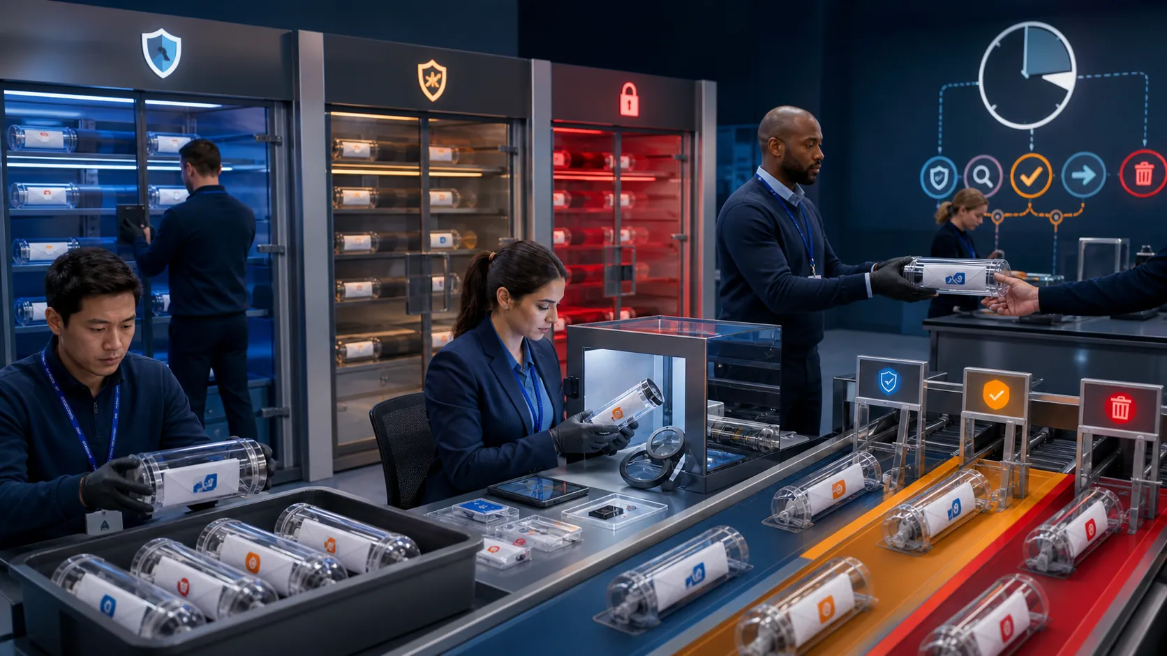 Security analysts operating a physical Exchange Online quarantine triage room with separate user-review, request-release, and admin-only containment lanes