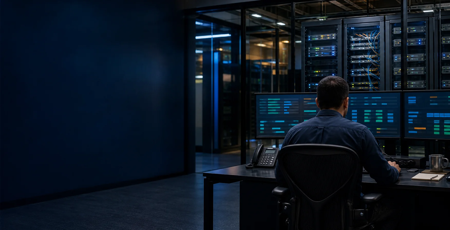 IT professional monitoring secure servers, network equipment, storage, backups, endpoints, and infrastructure operations