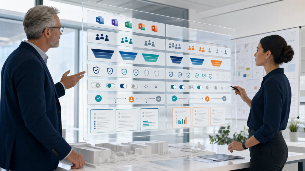 Microsoft 365 Apps policy architect and security administrator reviewing user groups, policy priority, security baselines, privacy, and evidence