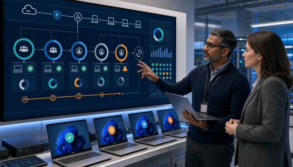 IT engineer and business application owner reviewing Microsoft 365 Apps rollout waves, device compatibility, update health, pause, and rollback paths