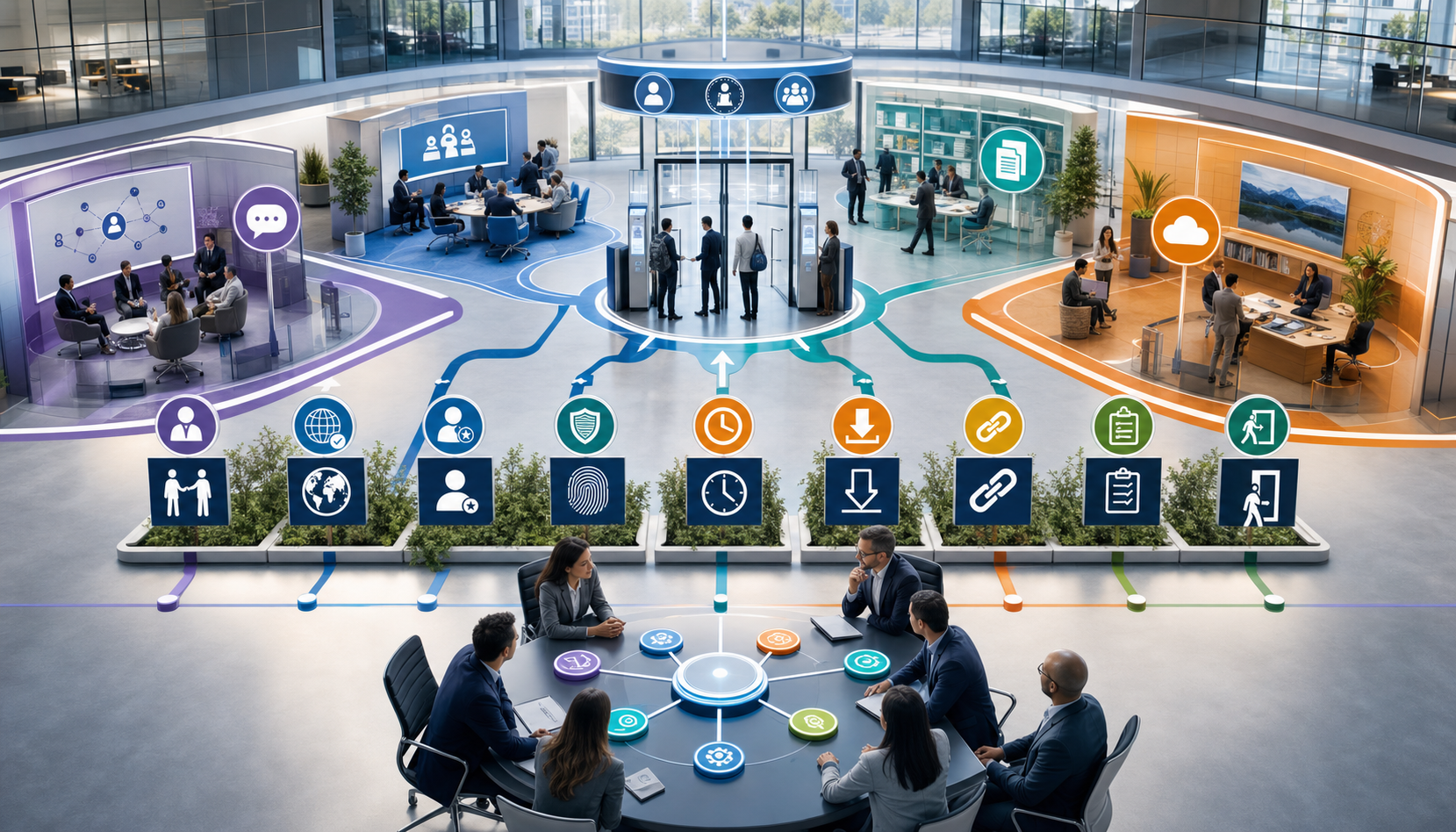 Microsoft 365 external collaboration governance ecosystem with identity checkpoint, Teams, SharePoint, OneDrive, guest, link, review, restriction, and offboarding paths