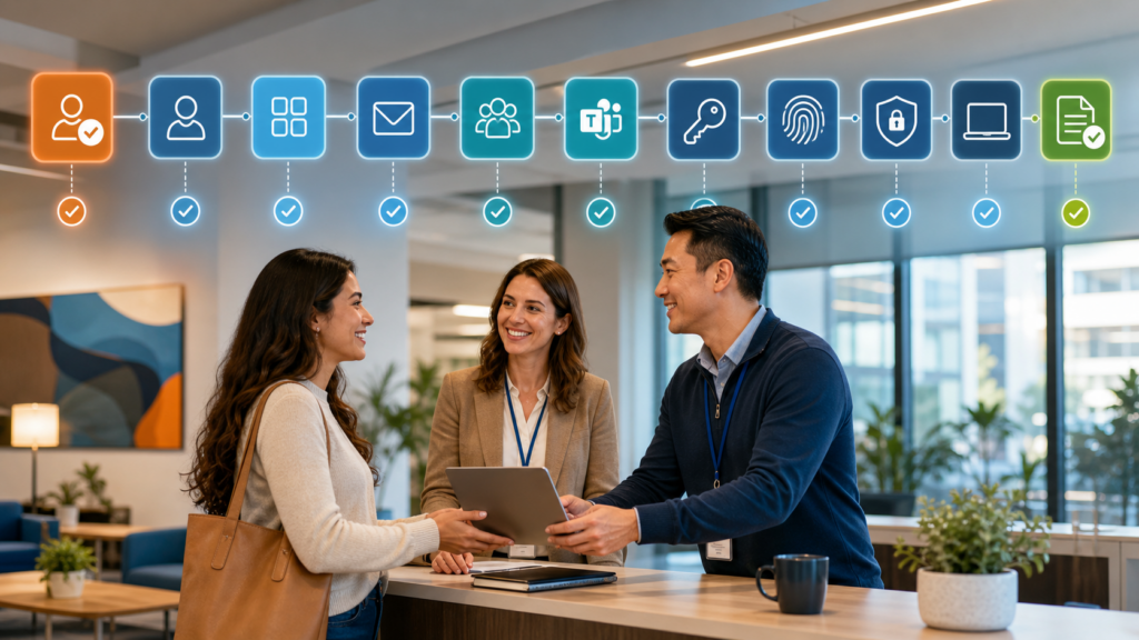 New employee, HR lead, and IT identity administrator completing secure Microsoft 365 first-day provisioning, authentication, device, and access validation