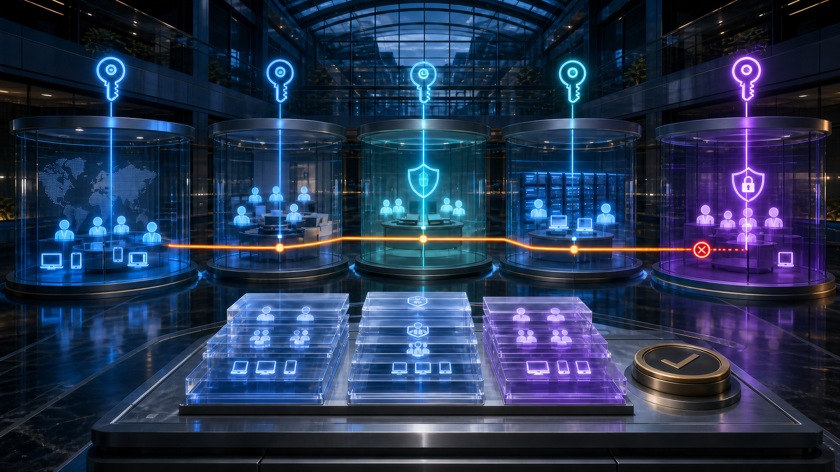 Microsoft Entra administrative units architecture with scoped administrator keys, separate user group and device zones, restricted management enclave, blocked tenant-wide path, and evidence records