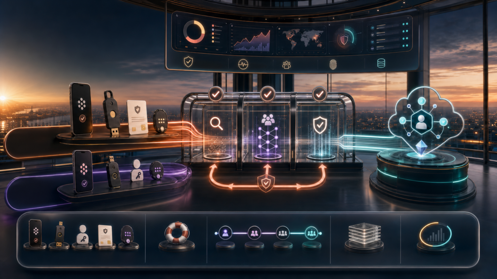 Microsoft Entra authentication methods policy migration showing reversible checkpoints, method controls, pilot rollout, evidence, and rollback