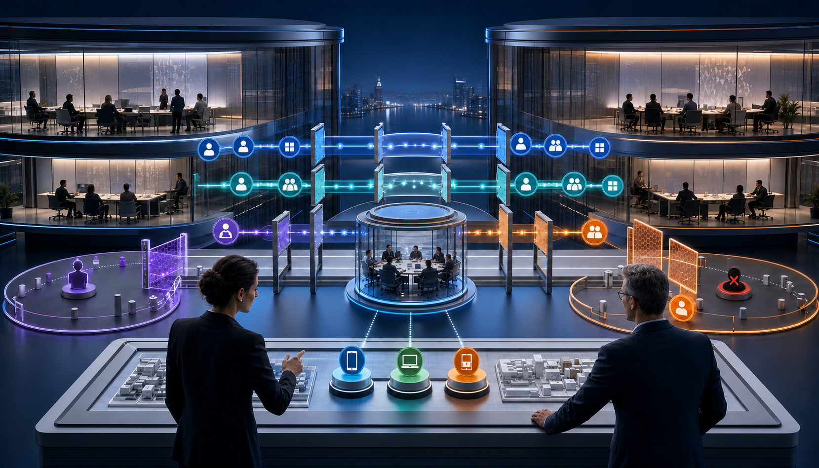 Microsoft Entra cross-tenant access settings architecture with inbound and outbound policy lanes, partner-specific gates, trust claims, direct connect, and tenant restrictions