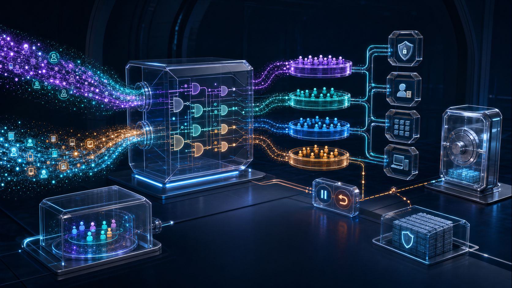 Microsoft Entra dynamic groups rule engine sorting user and device attributes into governed cohorts with validation, pause, rollback, access, licensing, endpoint policy, and evidence controls