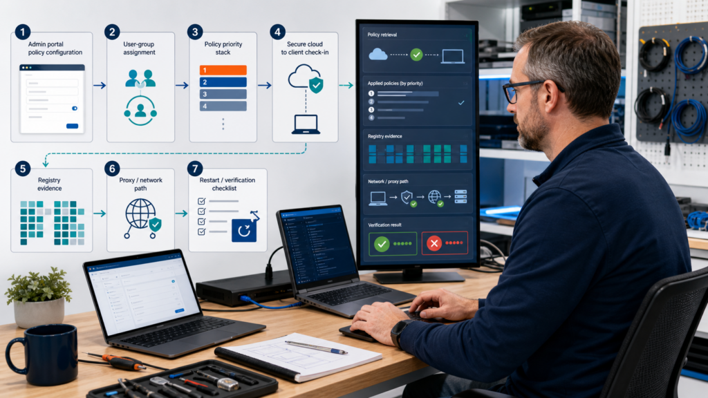 Microsoft 365 endpoint engineer configuring Office Cloud Policy and verifying group assignment, priority, client retrieval, registry evidence, and network path