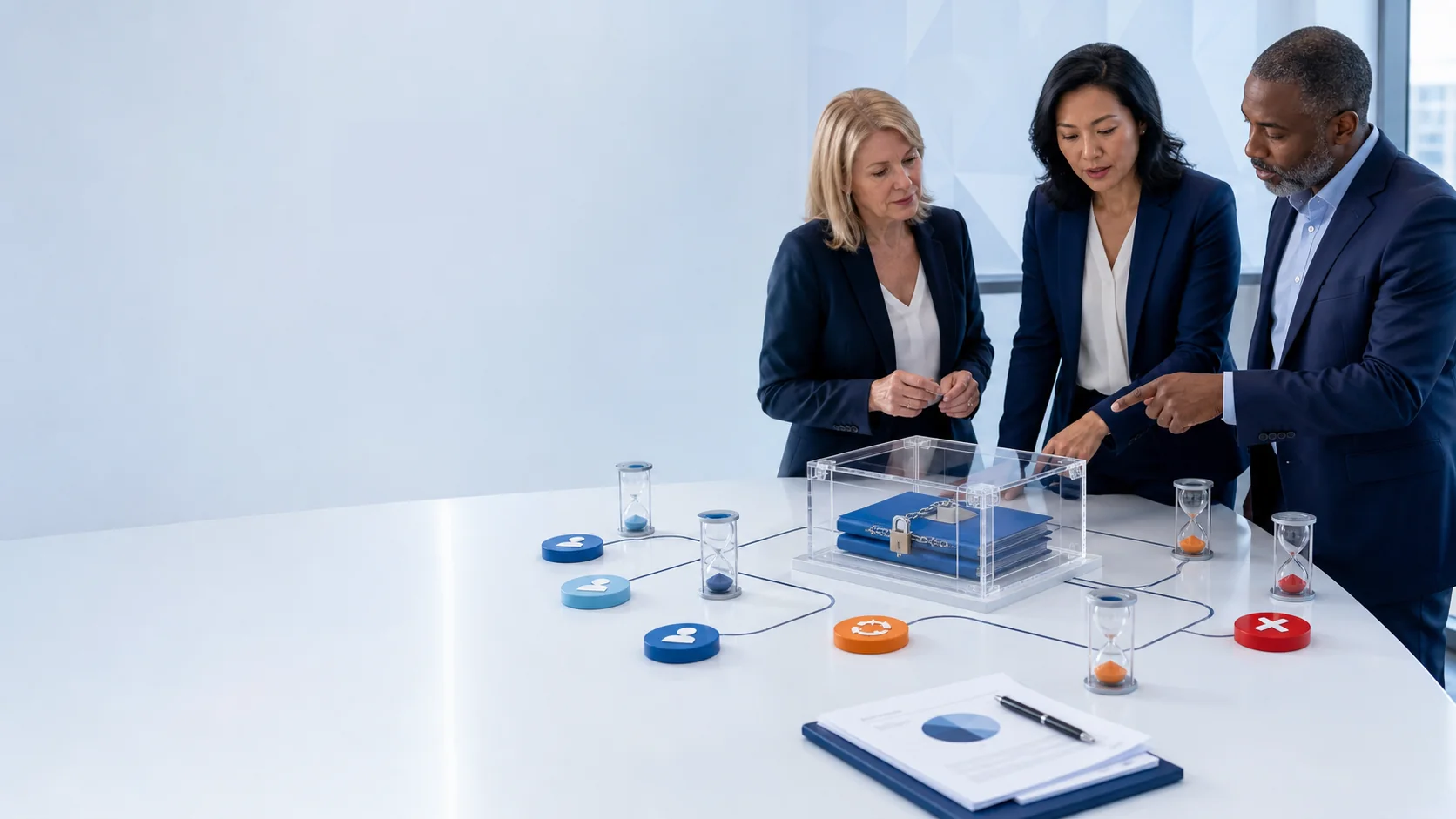 Business owner, security leader, and IT administrator reviewing a physical external sharing expiration and renewal governance model