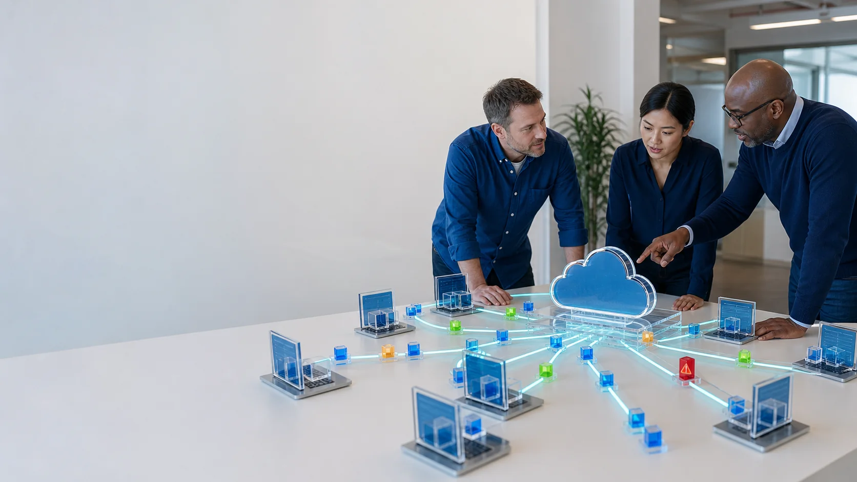 IT team reviewing a physical endpoint and cloud synchronization health model with healthy, stalled, and remediation pathways