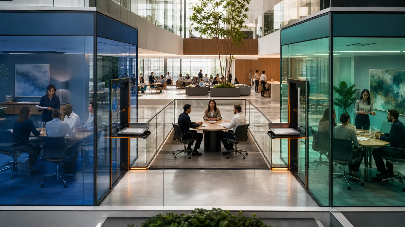 Regulated business segments collaborating in separate transparent work zones with a controlled owner-moderated bridge and an unsegmented open area
