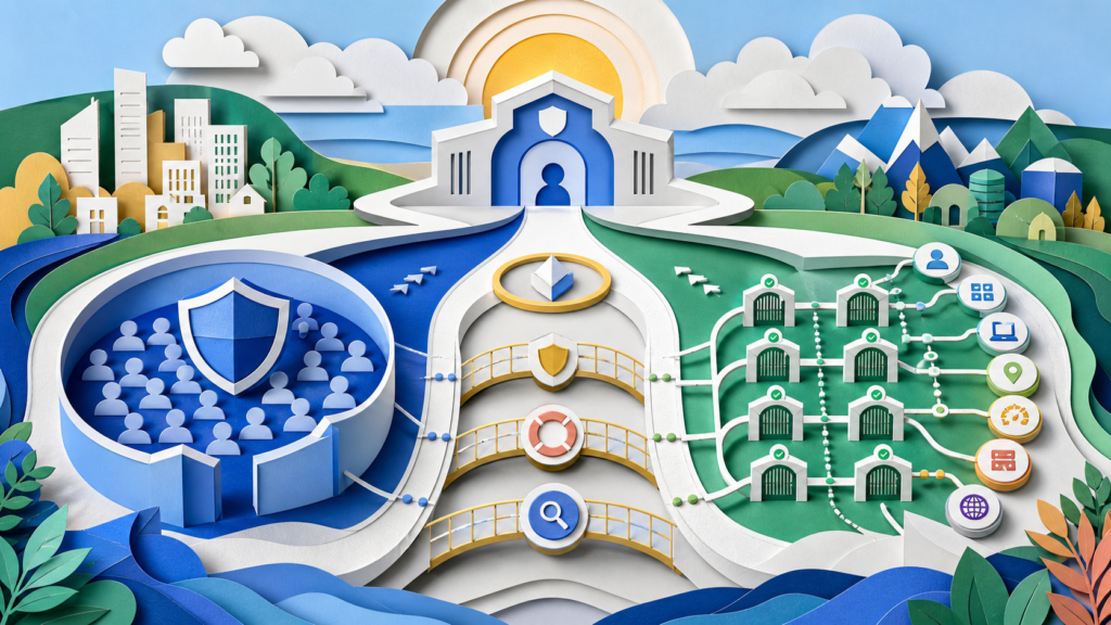 Security Defaults versus Conditional Access decision architecture with universal baseline protection, granular policy gates, pilot testing, and emergency recovery