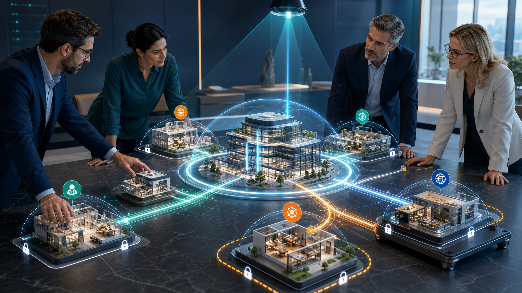 SharePoint hub architecture connecting independently secured sites through navigation, branding, search, content rollups, and movable associations