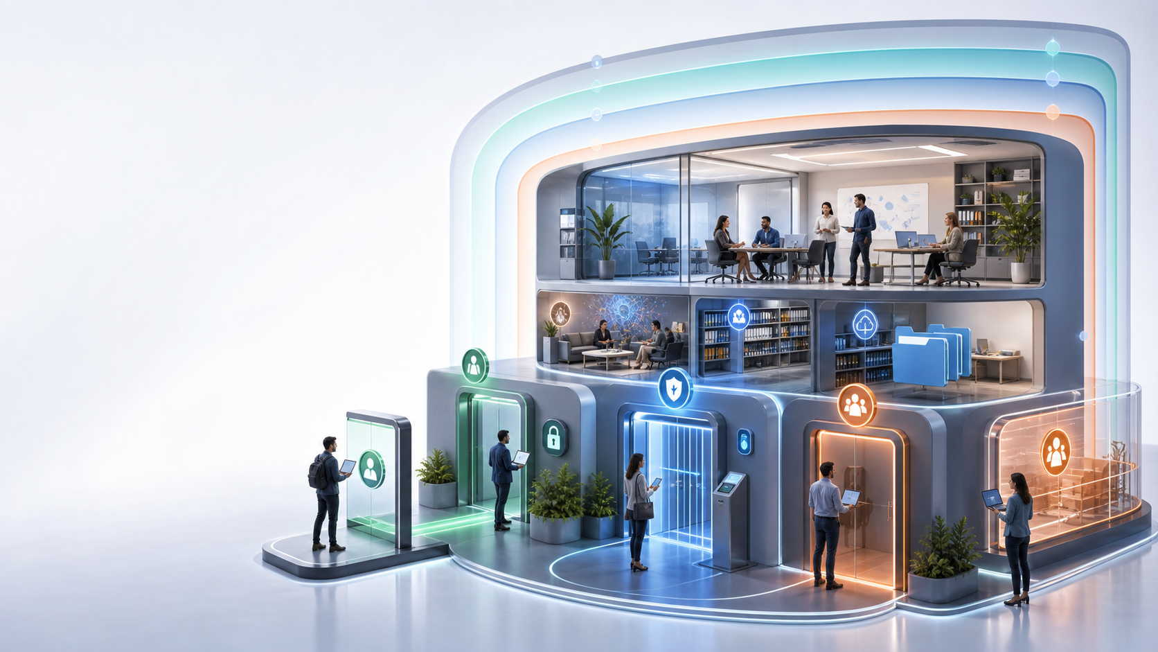 Layered sensitivity-label protection boundaries governing privacy, guest sharing, unmanaged devices, authentication, and collaboration across SharePoint sites and Teams